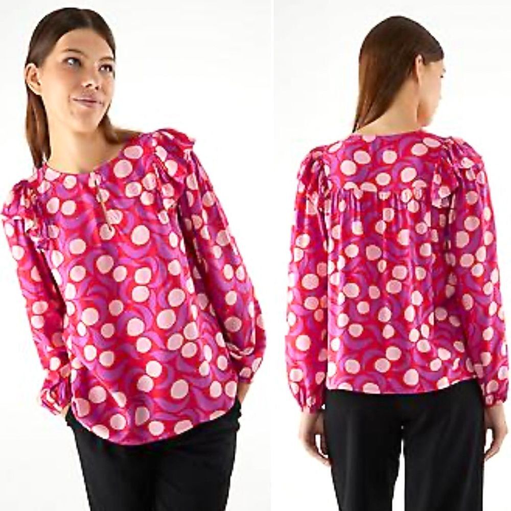 Anthropologie Compañía Fantástica Pink Ruffled Polka Dot Blouse